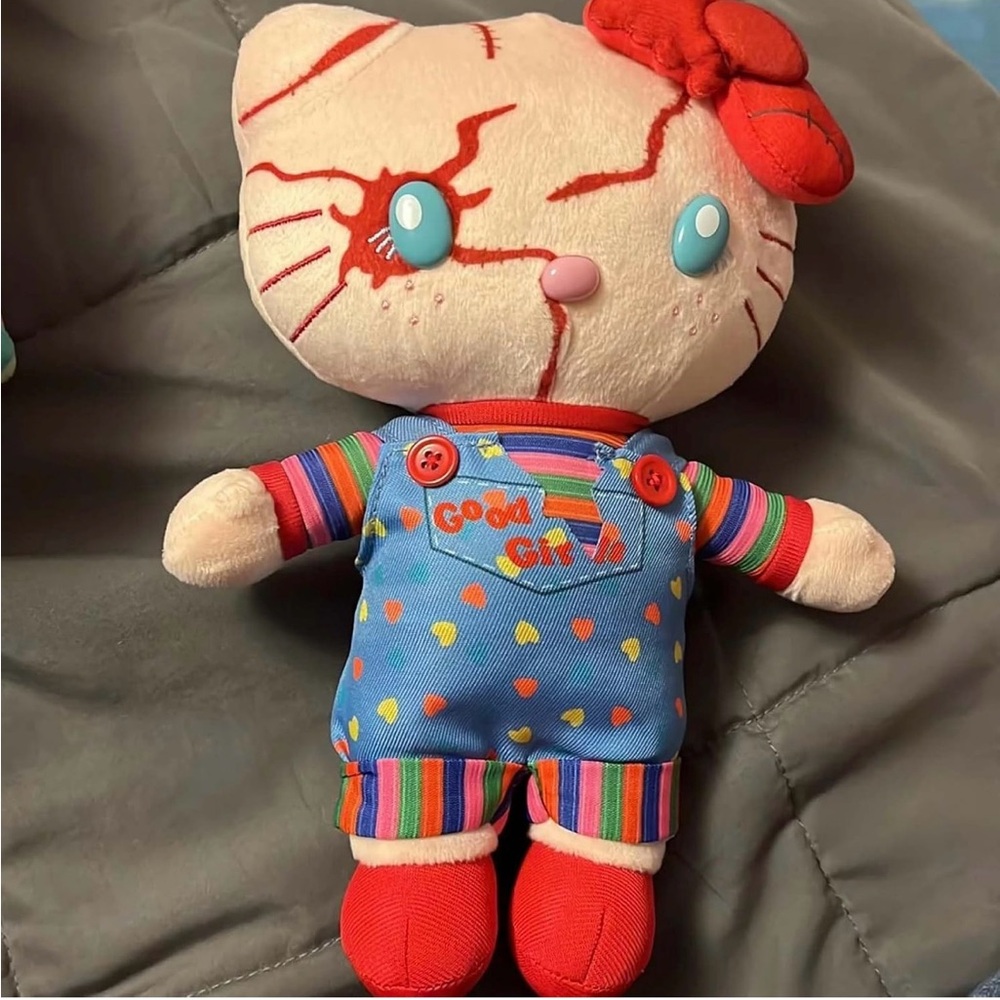 Hello Kitty dressed as Chucky Plush with suction to Hang in window 9in height